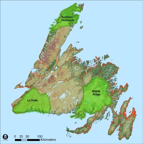 Study areas (La Poile, Middle Ridge and Northern Peninsula) and